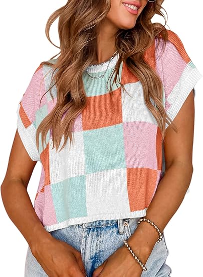 Womens Cap Sleeve Crop Tops Summer Color Block Going Out Crew Neck Knit Trendy Casual Sweater