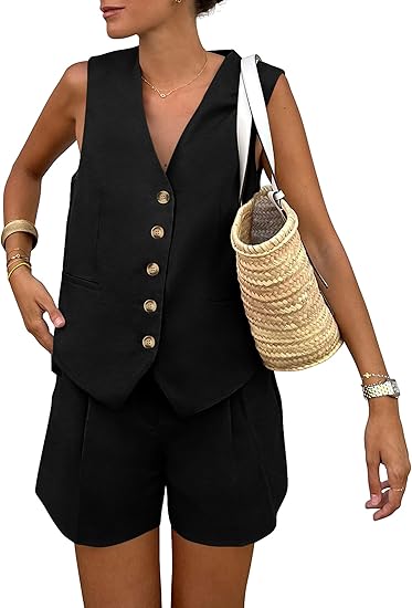 Women's Summer 2 Piece Outfits Sleeveless Matching Sets Button Down V Neck Vest Waistcoat and Pockets Shorts